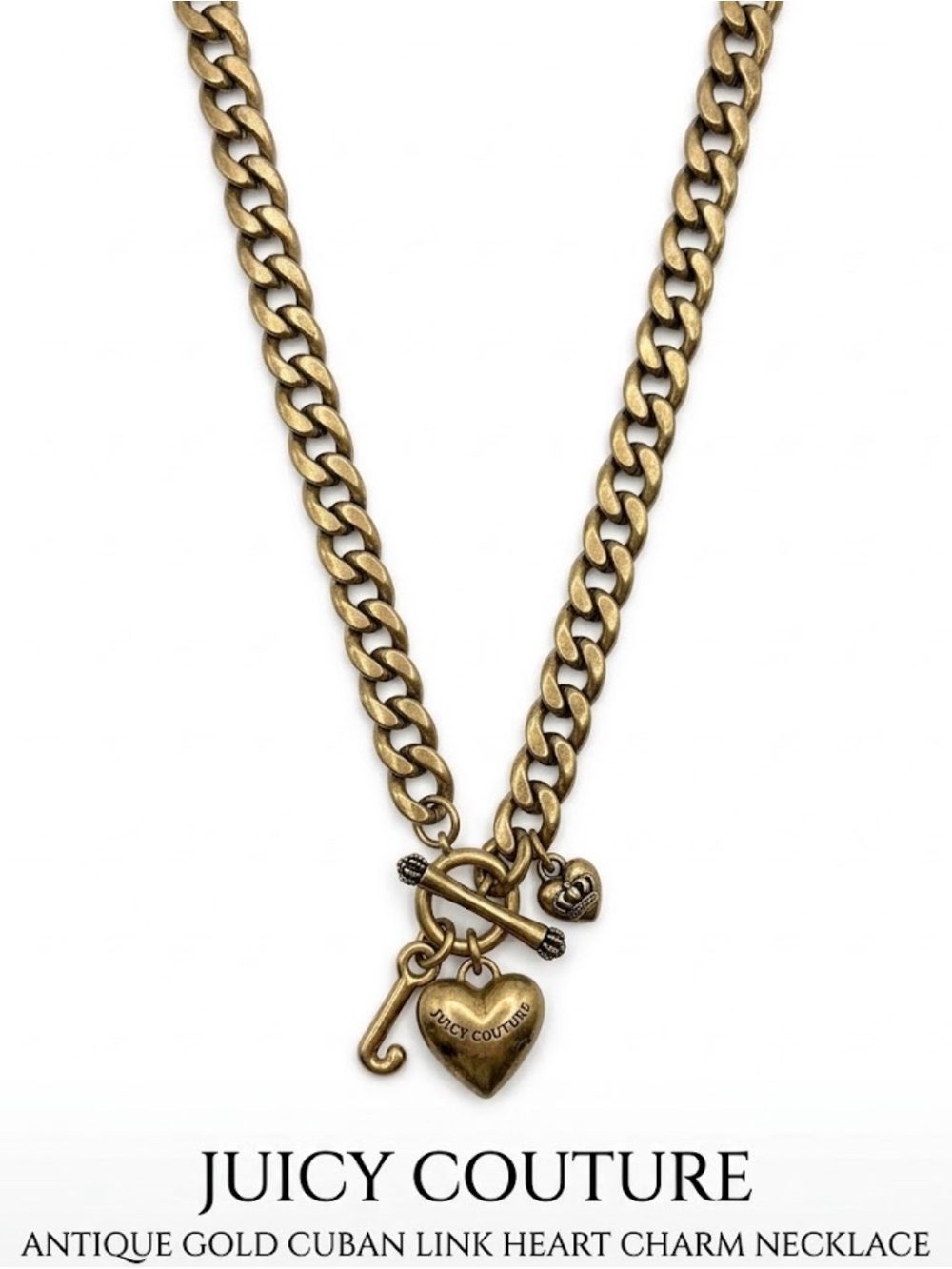Juicy Couture Antique Gold Cuban Link Necklace with Heart and Toggle Charms